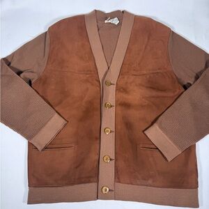 Vintage 70s St Michael Large Brown Cardigan Wool Suede Britain Kurt Cobain style